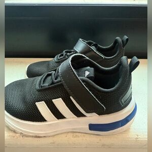 Adidas Kids Black and White Sneakers with Blue Accent